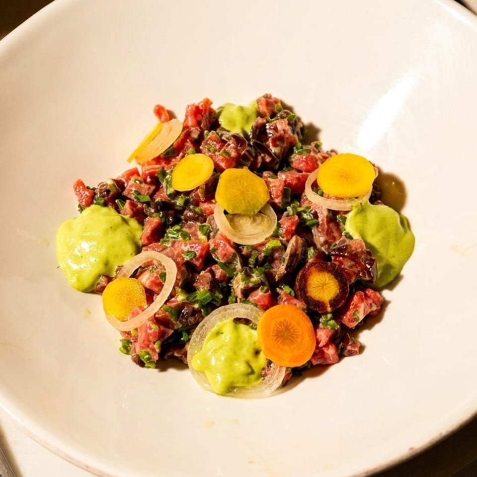 Beef tartare with avocado puree, sliced carrots, and onions on a white plate.