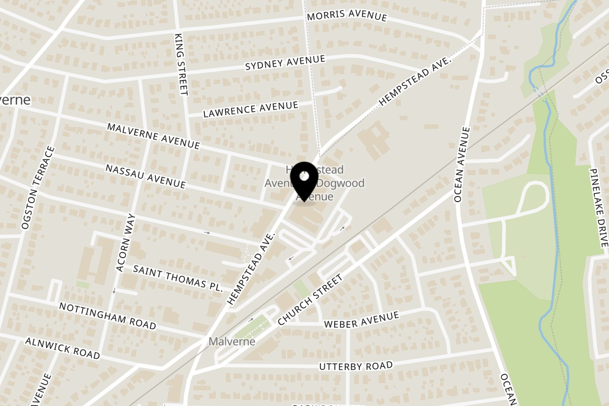 Map showing the location of Harvest House Tavern on 352 Hempstead Ave in Malverne
